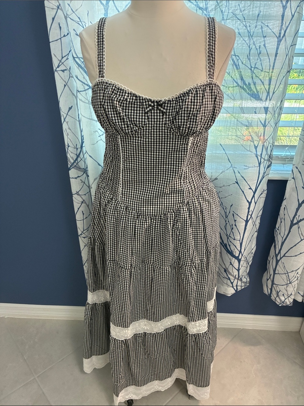 Jacquie Black Gingham Tiered Sundress with Lace Trim